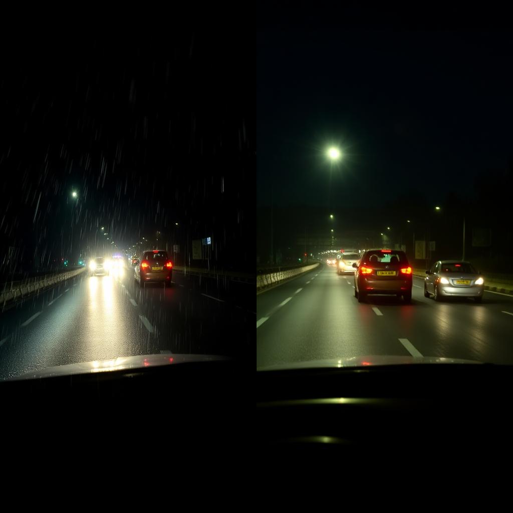 Confronto fianco a fianco della guida notturna con e senza gli occhiali VisionDrive